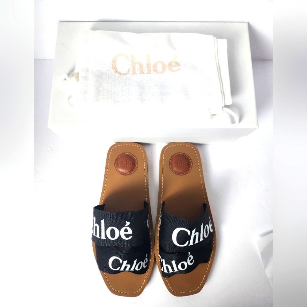 Chloe Woody Flat Logo Ribbon Black Slide Sandals Size 37 New - Picture 8 of 9